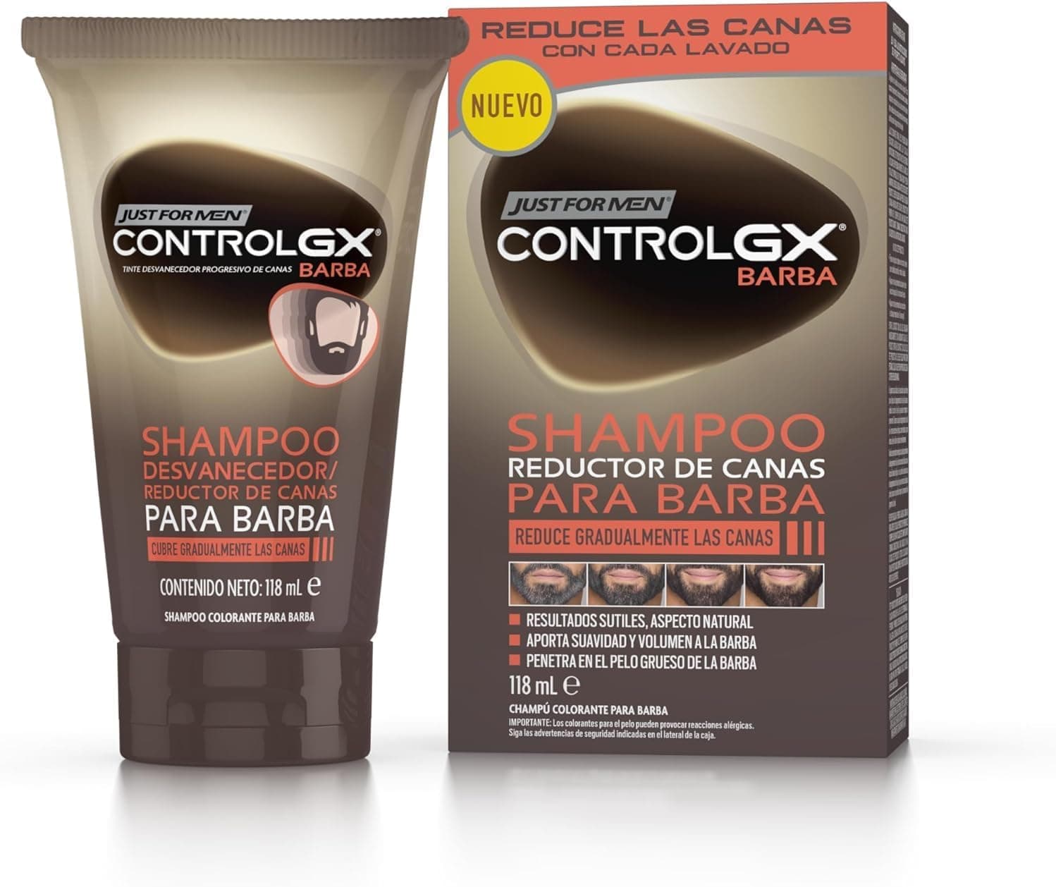 Just For Men Control GX champô e tinta para barba, reduz gradualmente o cabelo cinzento em cada lavagem para resultados úteis e naturais, para todos os tons, 118 ml