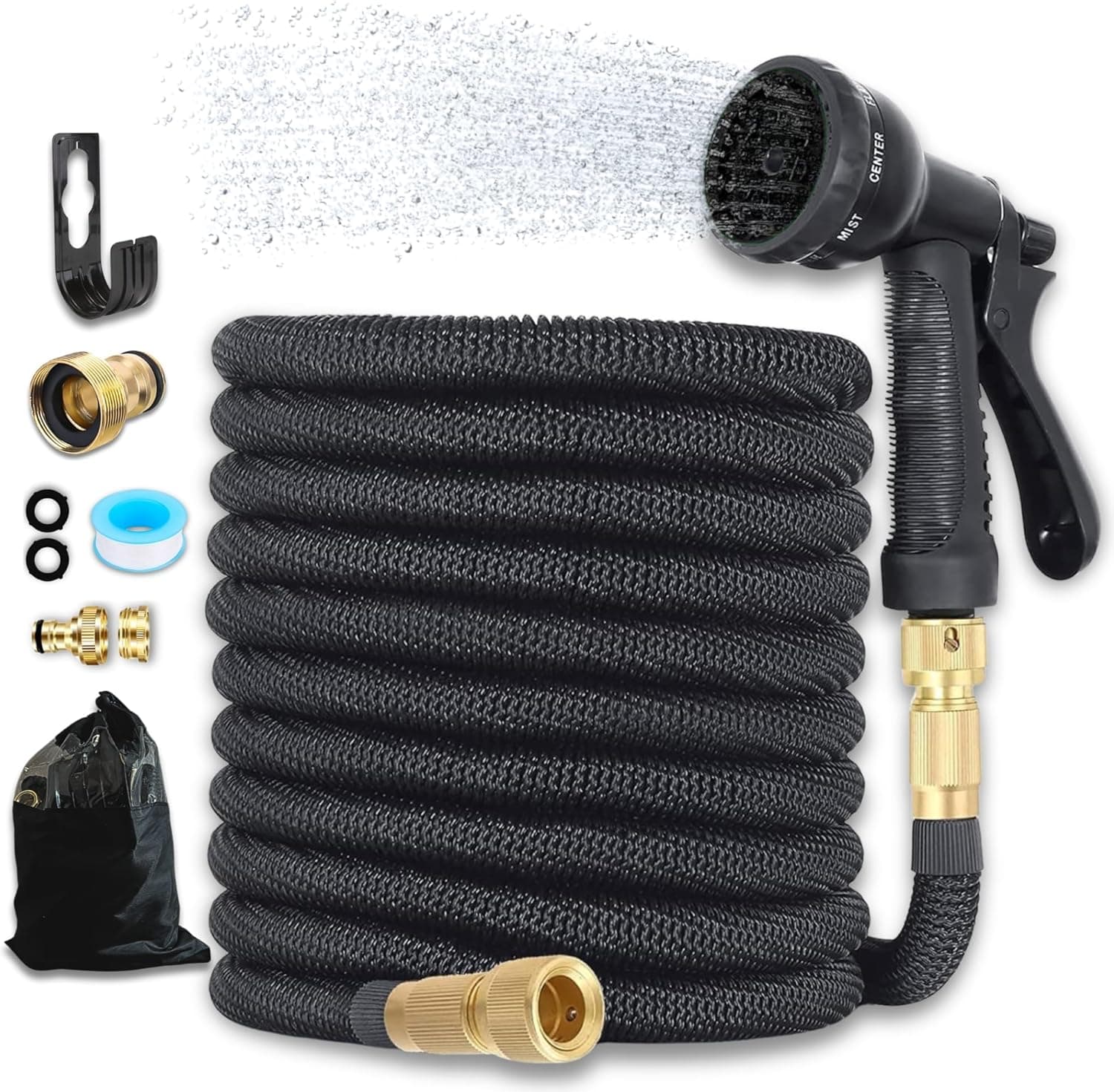 Mangueira de jardim - mangueira extensível de 15 metros com 8 funções de irrigação, mangueira de jardim rolo de poliéster 3750D, conectores de 1/2", 3/4" e universal para torneira incluída, Garden