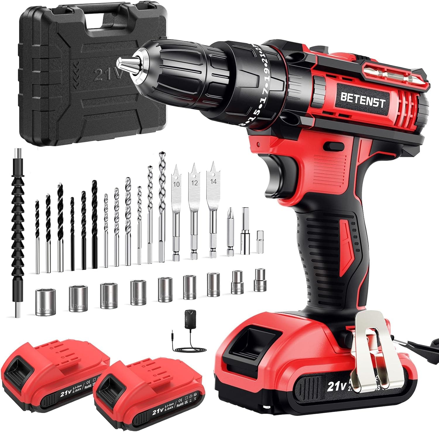 Broca Percutor bateria 21 V, broca parafuso 42 N.m com baterias de 2 x 2,0 Ah, 25 + 3 ajuste, 30 acessórios, suporte de bloqueio de 10 mm para casa, bricolage