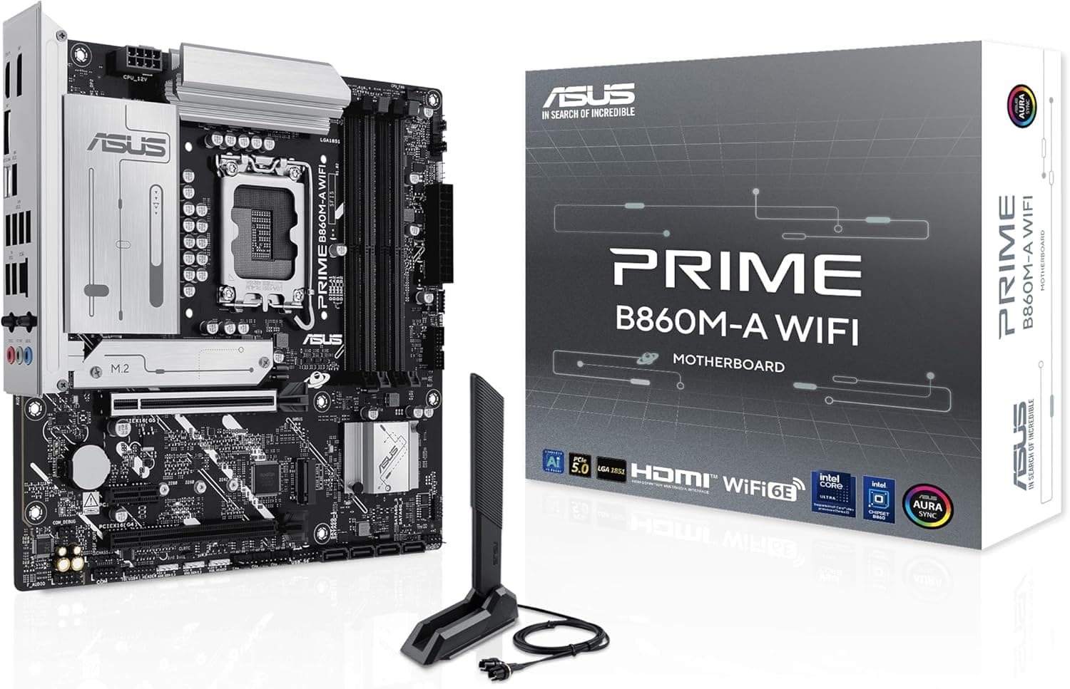 ASUS Prime B860M-A WiFi, placa base Intel mATX, 7 + 1 80 A etapas de alimentação DrMOS, DDR5, PCIe 5.0, 2 ranhuras M.2, Wi-Fi 6E, Realtek 2,5 Gb Ethernet, DisplayPort, HDMI. , USB Tipo. -C