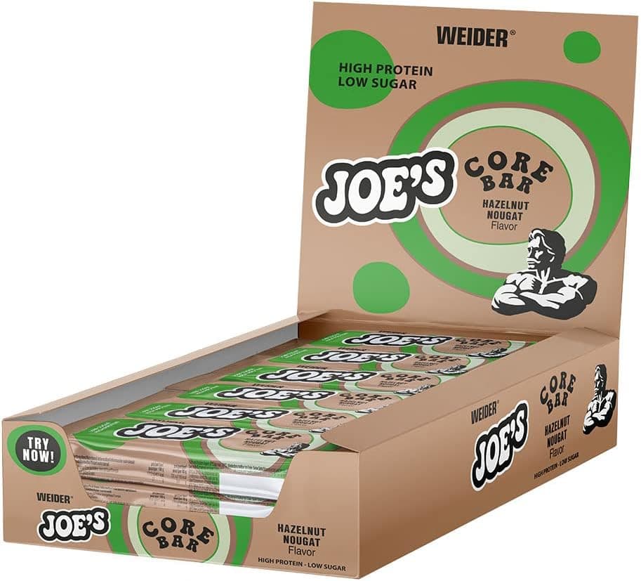Weider Joe's Core Bar Barrinhas protetoras com textura suave e cobertura de chocolate com leite e branco, mais de 31% de proteínas, baixo em açúcar, sabor avelã - torrão, 12 x 45 g