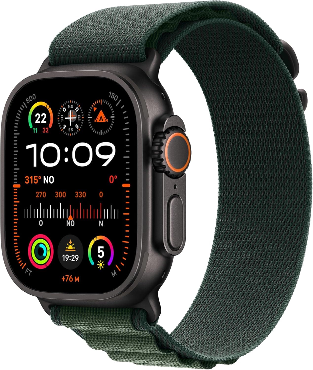 Apple Watch Ultra 2 GPS Cellular Smartwatch, relógio desportivo com caixa de titânio preto resistente de 49 mm e correia Loop Alpine verde escuro - tamanho M. monitor de treino e neutro em carbono