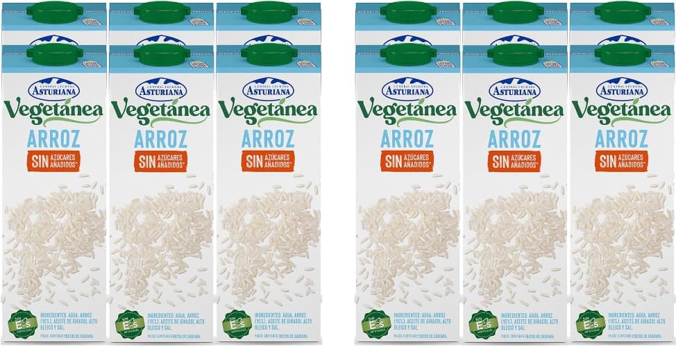 Central Lechera Asturiana - Vegetânea bebida de arroz sem açúcar adicionado, conjunto de 6 briks de 1 litro com tampa de rosca, 6 x 1 l, 6000 mililitros