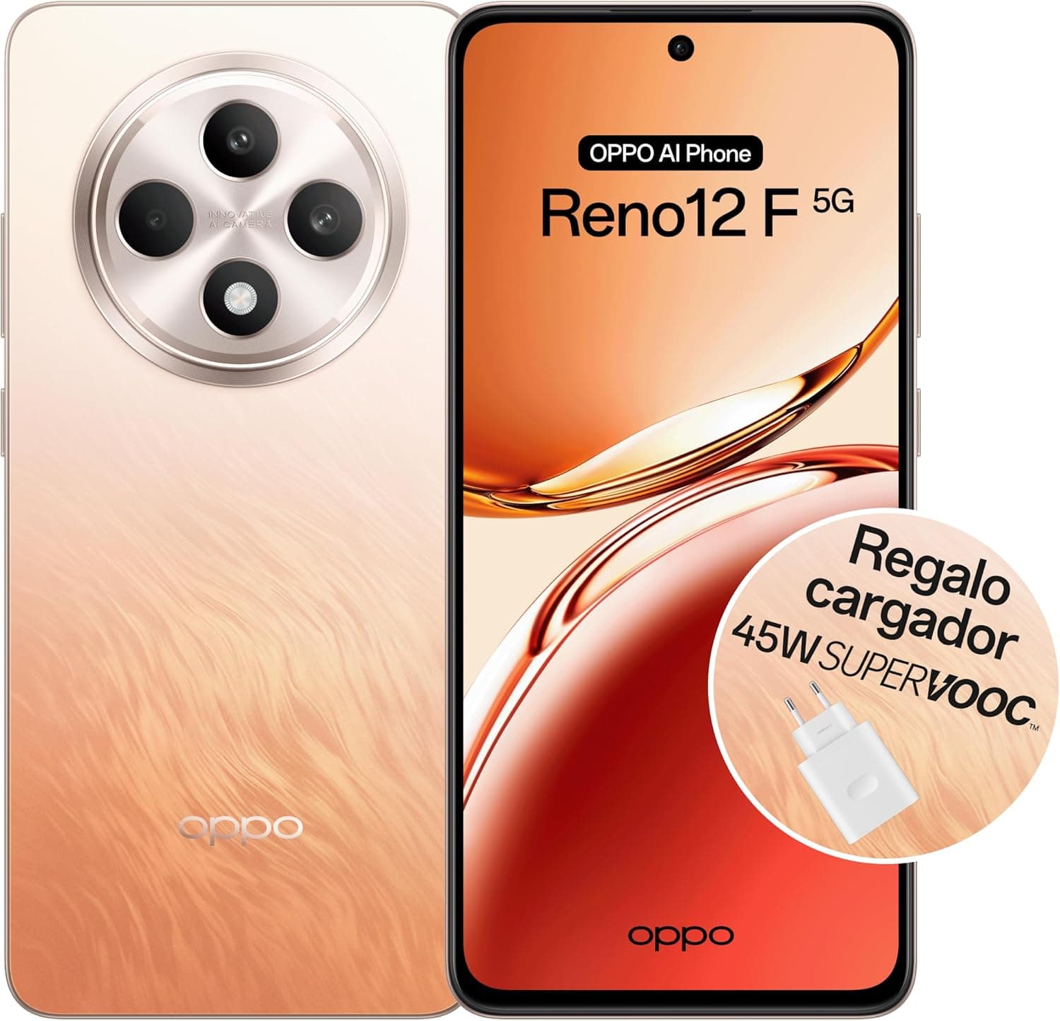 OPPO Reno12F 5G Smartphone livre com IA, 16 GB (8 GB + 8 GB) 256 GB, ecrã 2,5D AMOLED 6,7", câmara 50 8 + 32 MP, Android, IP64, bateria 5000 mAh, carregamento rápido 45 W, carregador incluído