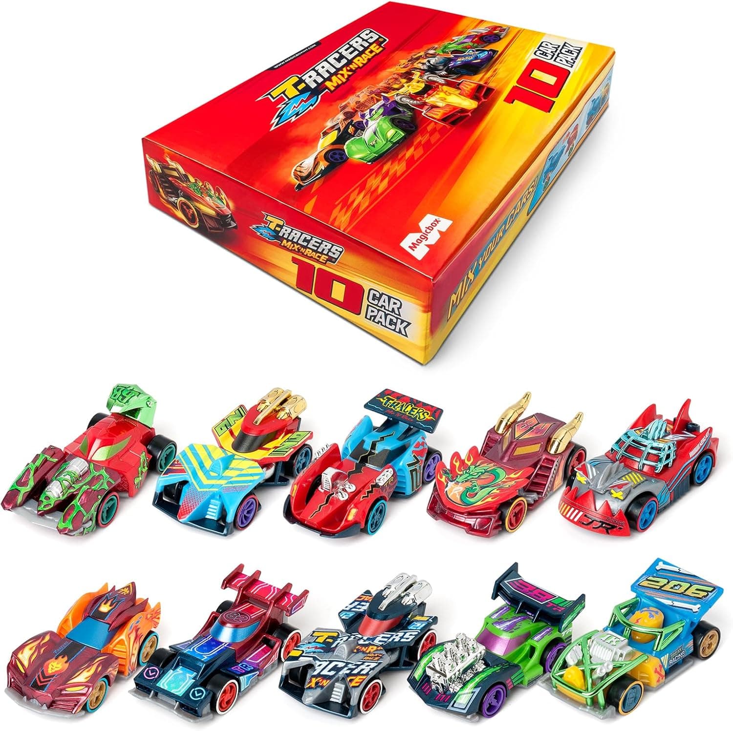 T-Racers Mix ´N RaceColeção de 10 carros colecionáveis, cada carro desmontável em duas partes com peças intercambiáveis