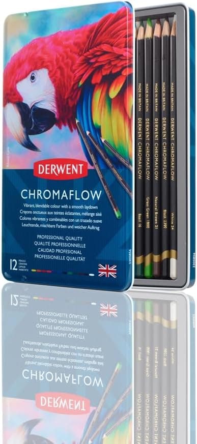 Derwent Chromaflow Estojo de 12 lápis, núcleo de 3,5 mm e grande dureza, textura suave e fácil de misturar, ideal para desenhar, pintar e colar, qualidade profissional, 2305856
