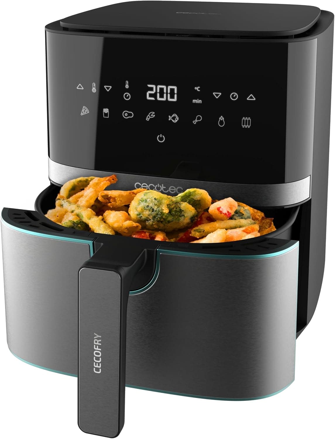 Cecotec Frigideira sem óleo de 5,5 l de ar quente Cecofry Full InoxBlack 5500 Pro. 1700 W, dietética e digital, painel de toque, acabamentos em aço inoxidável, tecnologia PerfectCook, termostato