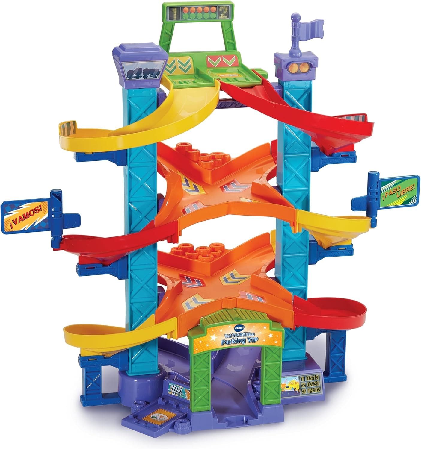 VTech - Estacionamento VIP TutTut Bólidos, circuitos, pistas e playsets de brinquedo, estacionamento interativo com posição dupla para lançar carros em corrida, inclui dois veículos, versão ESP