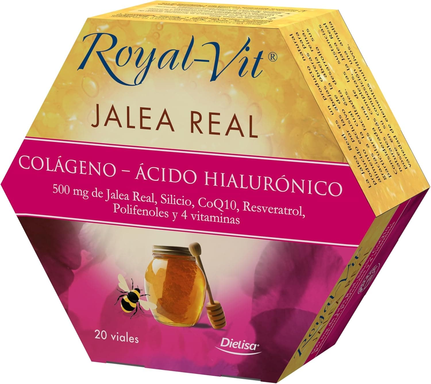 Dielisa, Royal Vit, geleia real colagénio, ácido hialurónico e complemento alimentar com 500 mg de geleia real, colágeno, ácido hialurónico silício, CoQ10, Resveratrol e polipropilenóis, 20 frascos