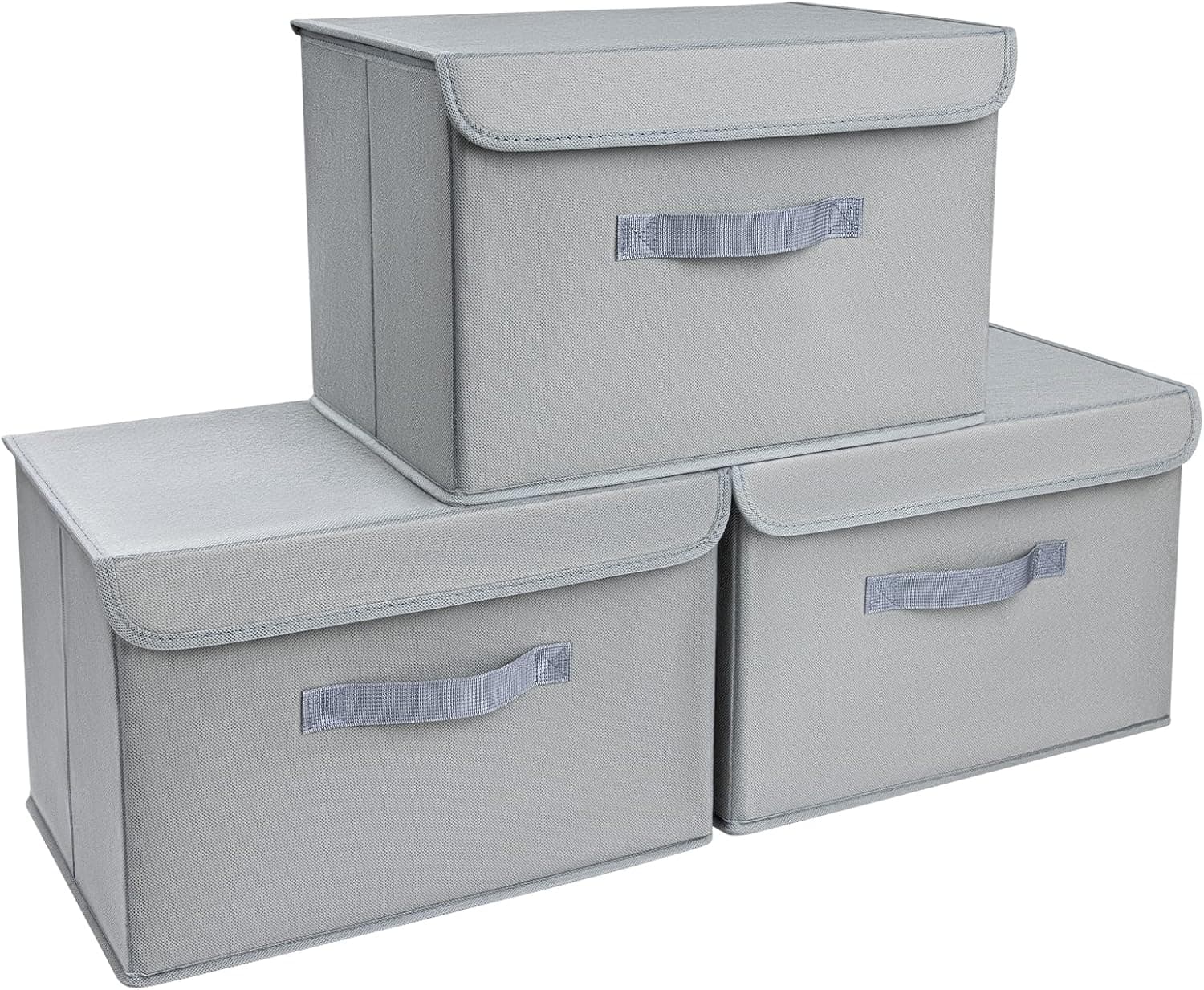 DIMJ Caixas de armazenamento, conjuntos de 3 caixas organizadoras com tampa e alça, cubos de armazenamento dobráveis, caixas de tecido para roupa brinquedos livros, cinzento