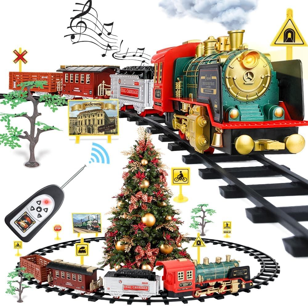 FRUSE Trem brinquedo para crianças, comboio de Natal elétrico a vapor com fumado, luzes e som, comboio clássico infantil com vagões de carga e pistas, presentes para meninos e meninas com mais de 3 4
