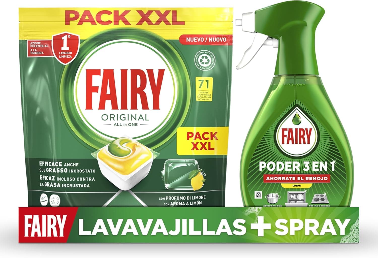 Fairy Original Tudo em uma cápsulas de máquina de lavar louça, limão, 71 cápsulas, eficazes, mesmo na gordura seca Fairy Poder sem imersão limão em pray, louça e cozinha, anti-gordura, 500 ml