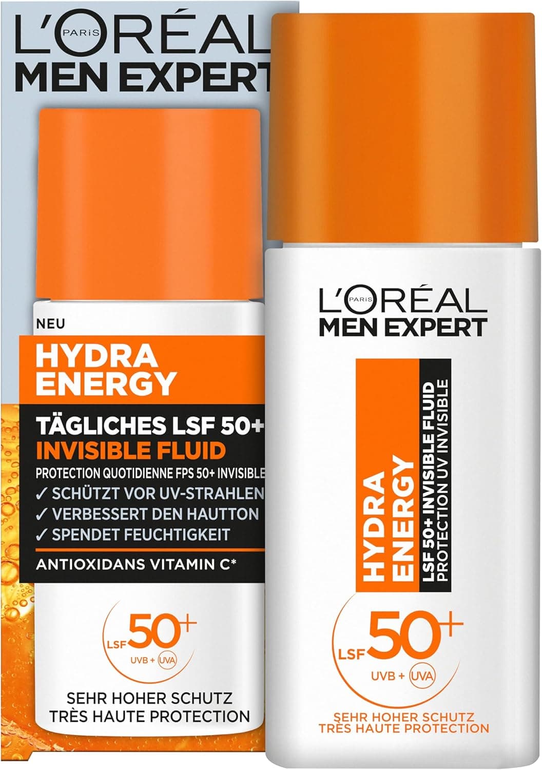 L'Oréal Men Expert proteção solar UV SPF 50 para homens, líquido invisível para a cara contra os raios solares, protetor solar SPF 50+ contra o envelhecimento com vitamina C, Hydra Energy, 50 ml
