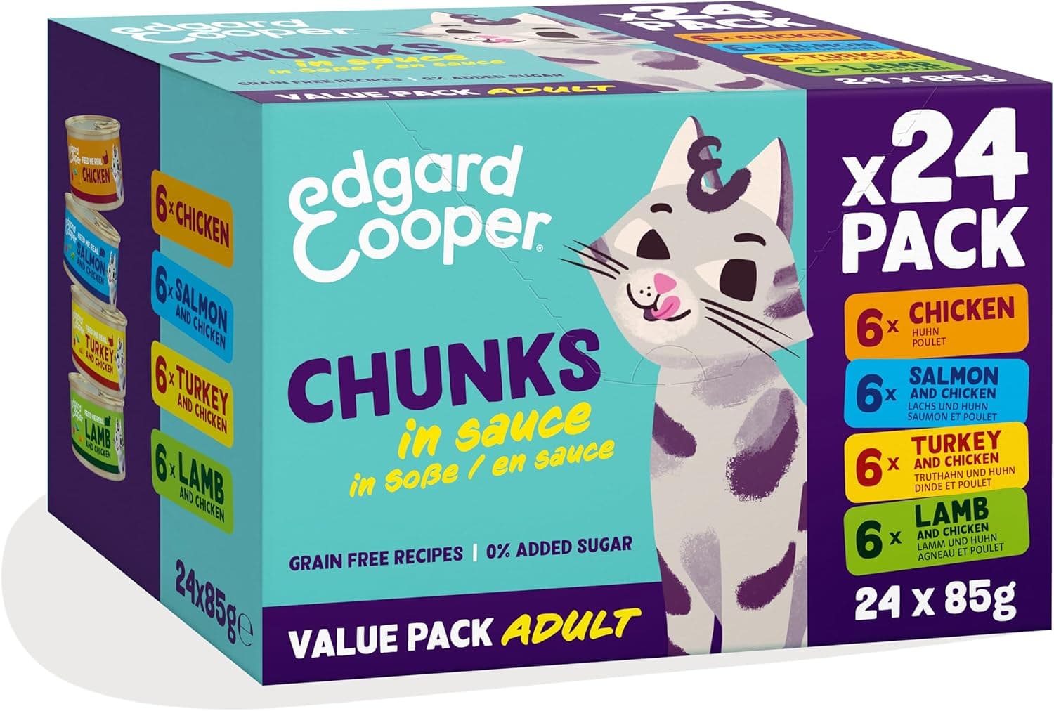 Edgard Cooper Comida húmida para gatos, 4 sabores, pedaços em molho multipack (24 x 85 g, frango/salmão / peru/cordeiro), para gatos esterilizados ou ativos, carne fresca com ingredientes naturais