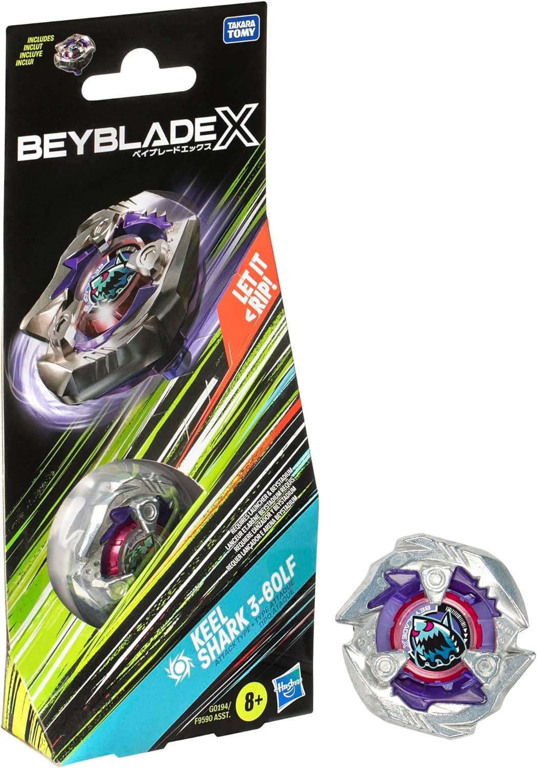 Beyblade X Keel Shark 3-60LF - Peonza Booster Pack de reforço tipo de ataque com X-Celerator, construa com 2 cliques e luta na areia, crianças originais a partir de 8 anos