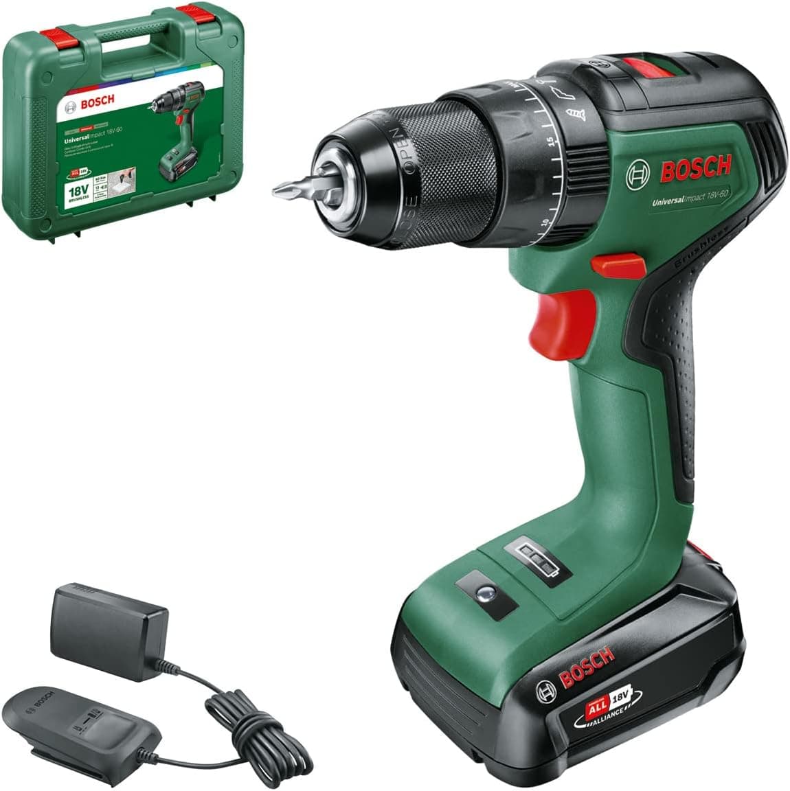 Bosch Broca de percussão a bateria UniversalImpact 18 V-60 (1 bateria de 2,0 Ah, sistema de 18 V, em mala de transporte)