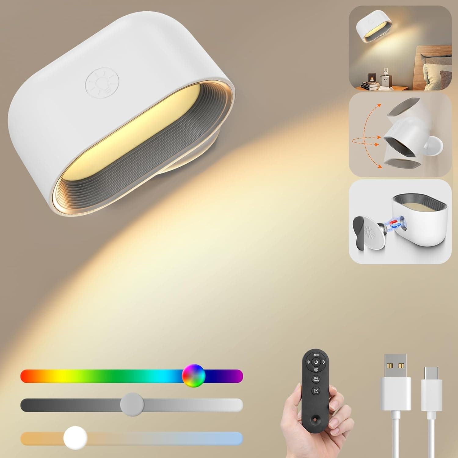 Luz de parede interior, BOOTEEK 9 cores RGB candeeiro de parede com controlo tátil e remoto, 2500 mAh apliques parede interior bateria recarregável, 3 cores e 5 brilhos, rotação de 360 ° para sala de estar