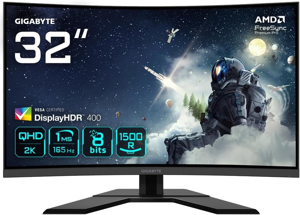 GIGABYTE G32QC A Monitor de jogo curvo de 31,5" QHD - 2560 x 1440, 1500R, 165Hz, 1 ms, 350 cd/m², FreeSync Premium Pro, Display HDR400, HDMI 2.0, D. isplayport 1. 2