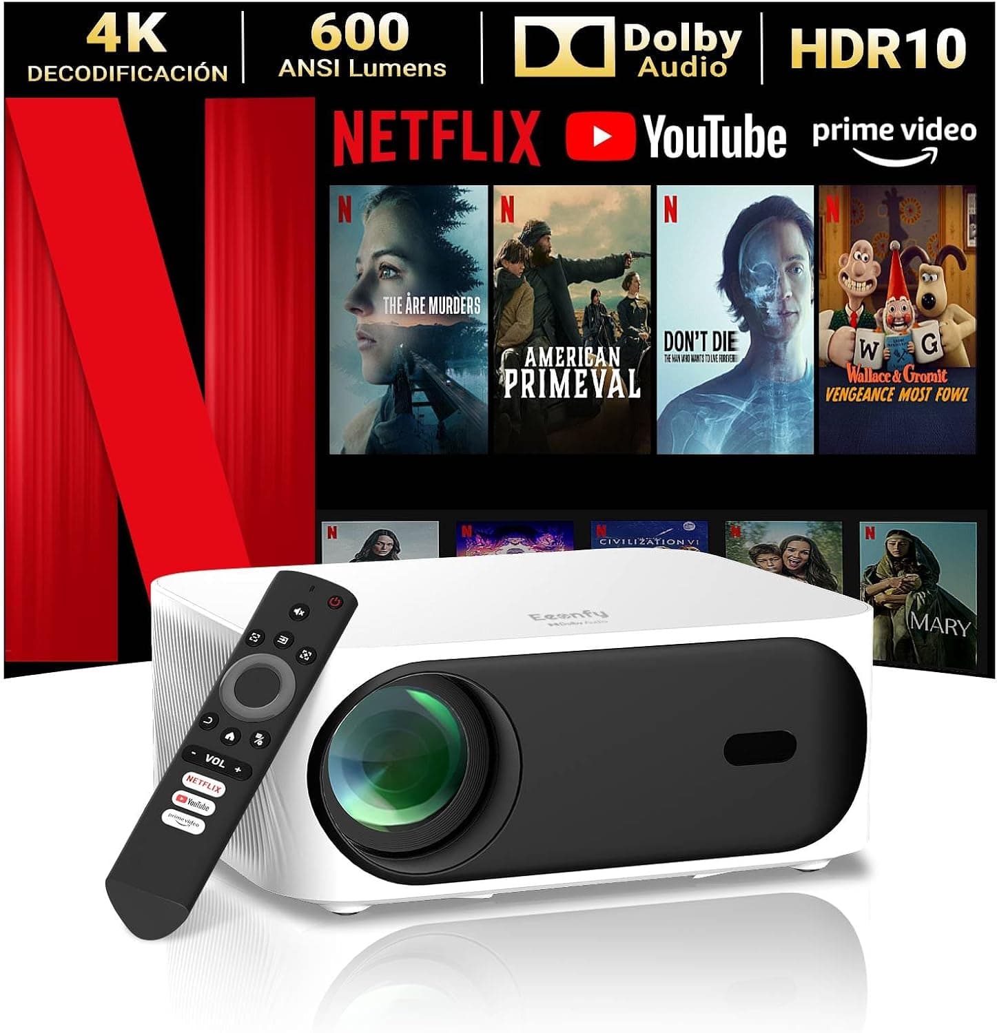 Eeenfy Mini projetor portátil, 1080P nativo, 600 ANSI, E-Focus e correção, WiFi 5G Bluetooth, projetor 4K suporte para telemóvel / portátil
