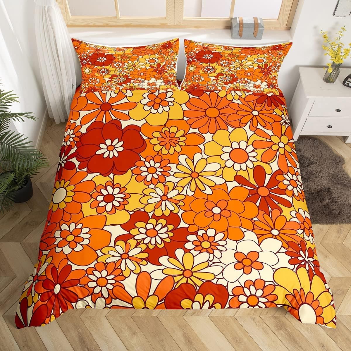 Homewish | Capa de edredão 200 x 200 cm com design floral boho em tons laranja para 2 pessoas