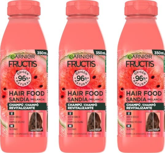 Garnier Fructis Hair Food, champô melancia evitalizante, limpa e evitaliza, para cabelo seco ou desligado, fórmula vegana, sem silicone, 350 ml x 3