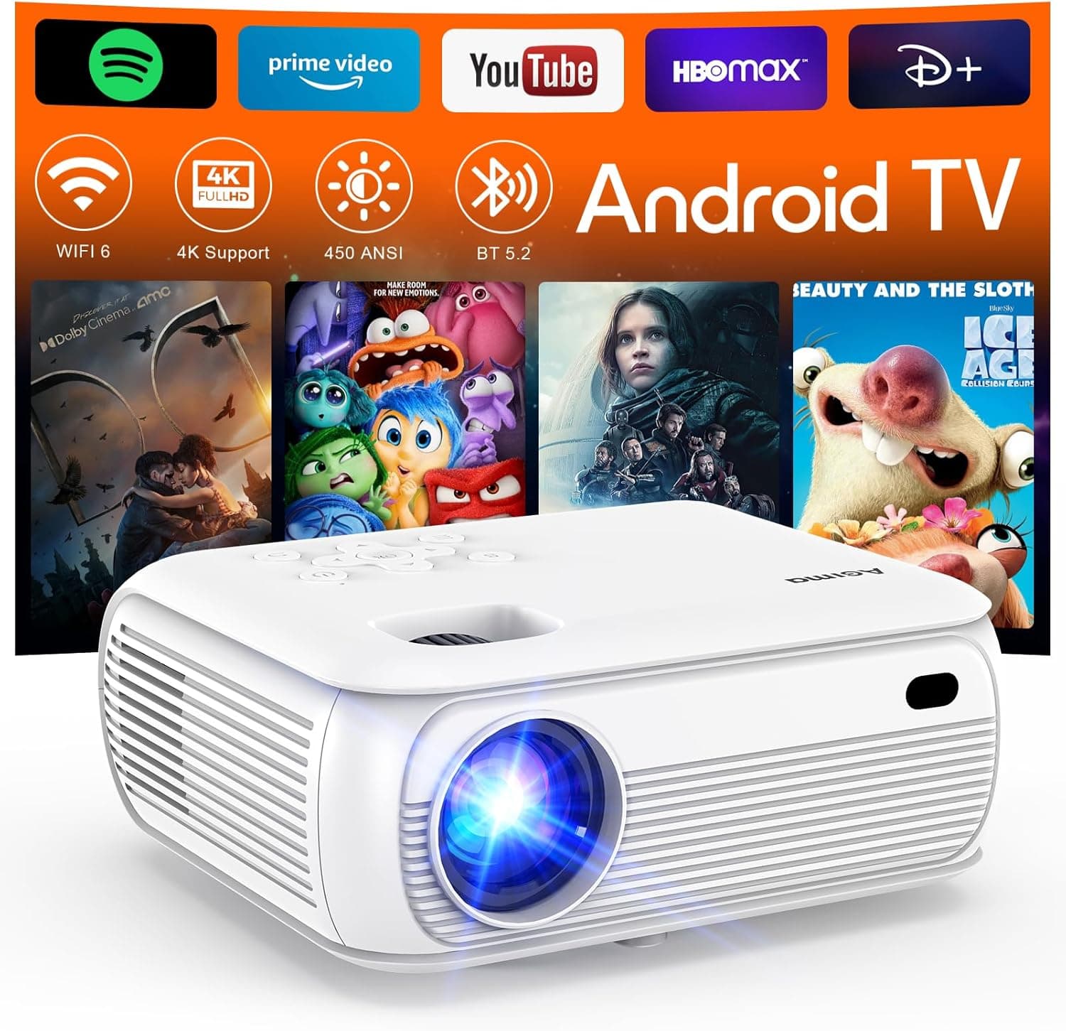 [450ANSI/1080P 4K] Projetor 4K com WiFi e Bluetooth 1080P nativo 3D altifalante estéreo Apps-integradas projetor WiFi 6, Bluetooth, alto brilho, Android TV Mini projetor cinema em casa projetor