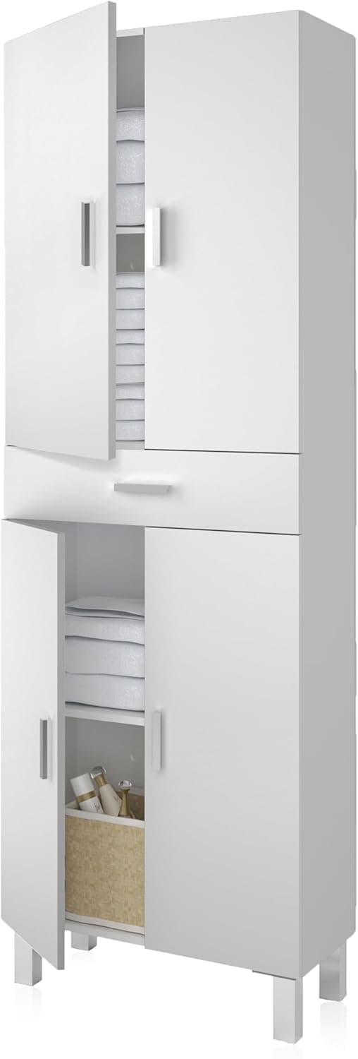 duehome | Coluna de casa de banho, armário de lavatório, 4 portas e 1 gaveta, modelo Dolce, acabamento em branco brilho, medidas: 60 cm (largura) x 182 cm (altura) x 29 cm (fundo)