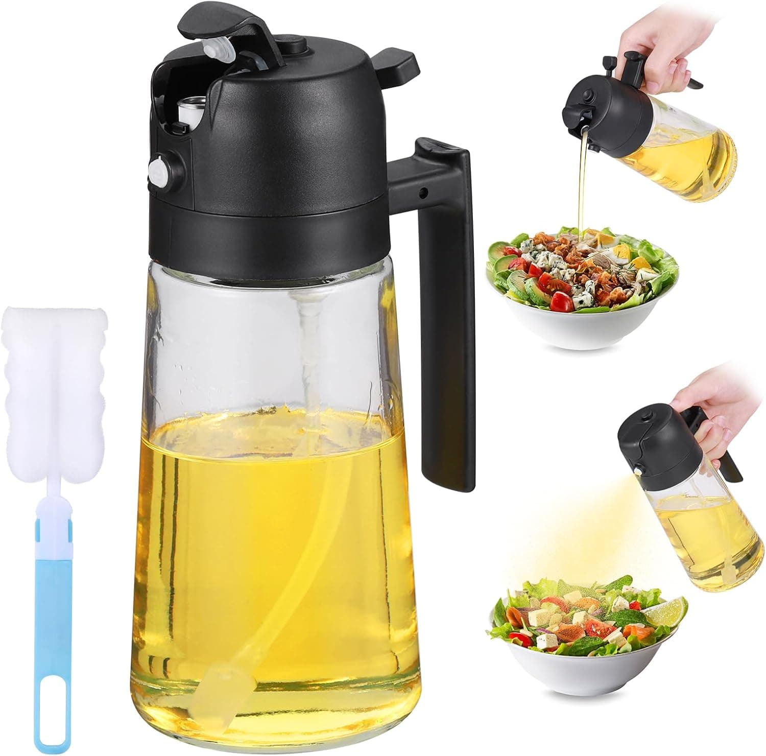 Fentar 2 em 1 pulverizador de óleo em spray de vidro, spray de óleo de 470 ml pulverizador, spray óleo cozinha com alça, pulverizador óleo em spray fritadeira ar com pincel