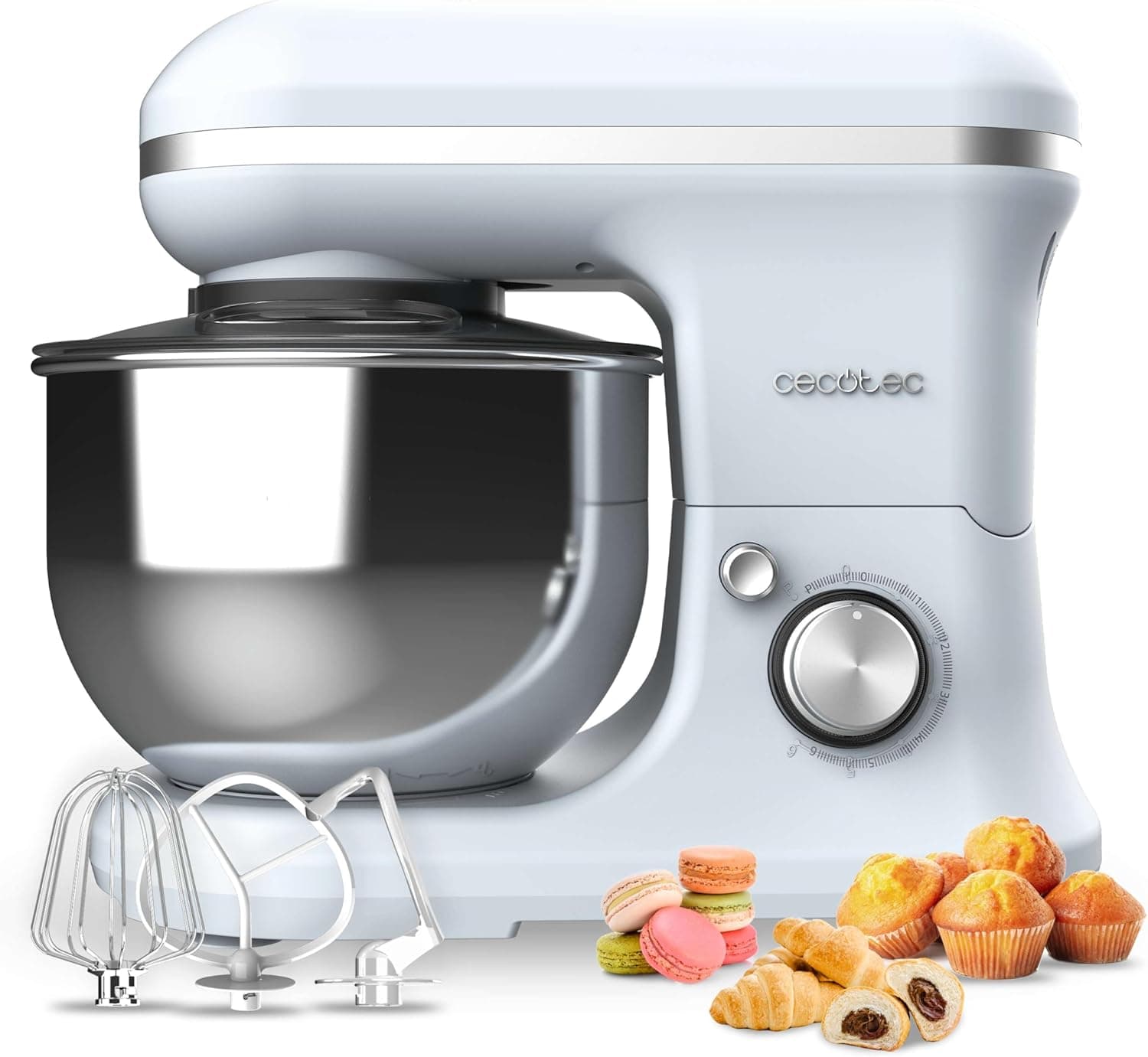 Cecotec Liquidificadora Cecomixer Merengue 5L 1200 Blue. 1200 W em 6 níveis, 5 funções, movimento planetário, design elegante, bola de aço de 5 l e acessórios para bater e amassar