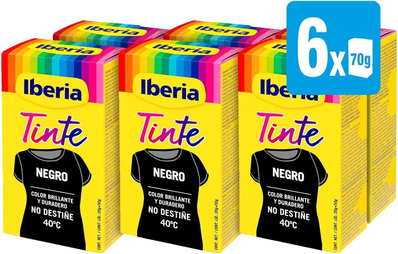 Iberia - 6 pacotes de tinta para roupa de cor preta, cor brilhante e durável, inclui fixador, adequado para tingir na máquina de lavar e à mão