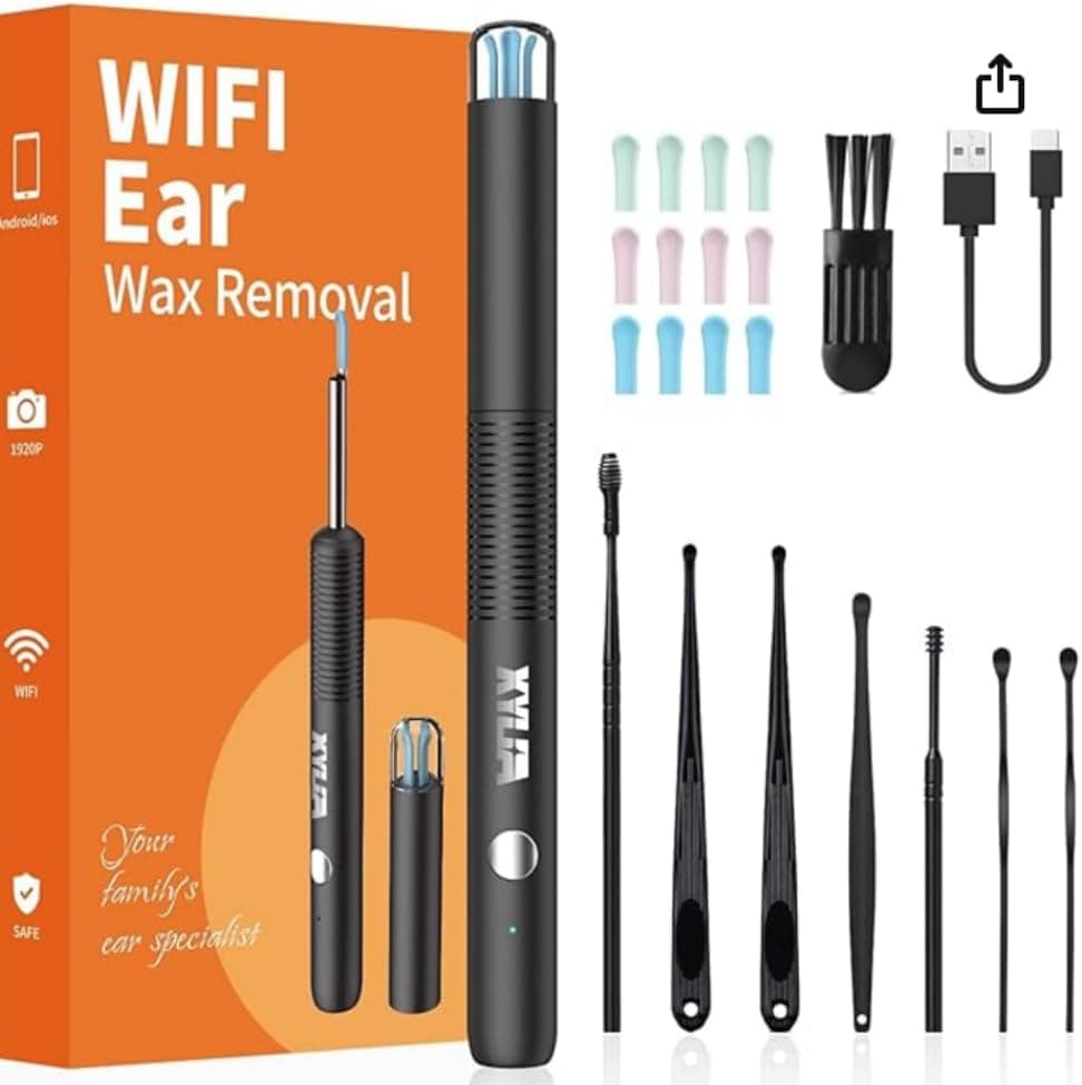 Xylla Ear Cleaner | Otoscópio com câmara WiFi 1920P, 12 pontas de silicone e 8 ferramentas profissionais
