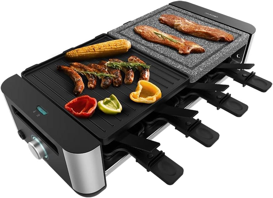 Cecotec Raclette Cheese&Grill 16000 Inox Mixgrill. 1400 W, 8 pessoas, 2 placas antiaderentes, superfície mista de 20 x 22 cm, 8 panelas, termostato regulável, lavável na máquina de lavar louça