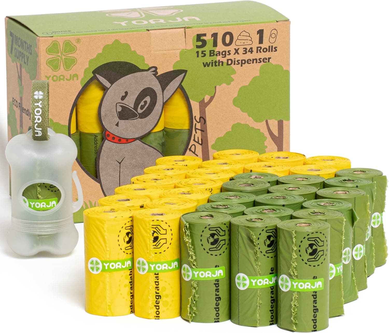 YORJA Sacos para excrementos para cães com dispensador, 34 rolos/510 unidades, extra grosso, forte e à prova de fugas biodegradável sacos para cacade de cão