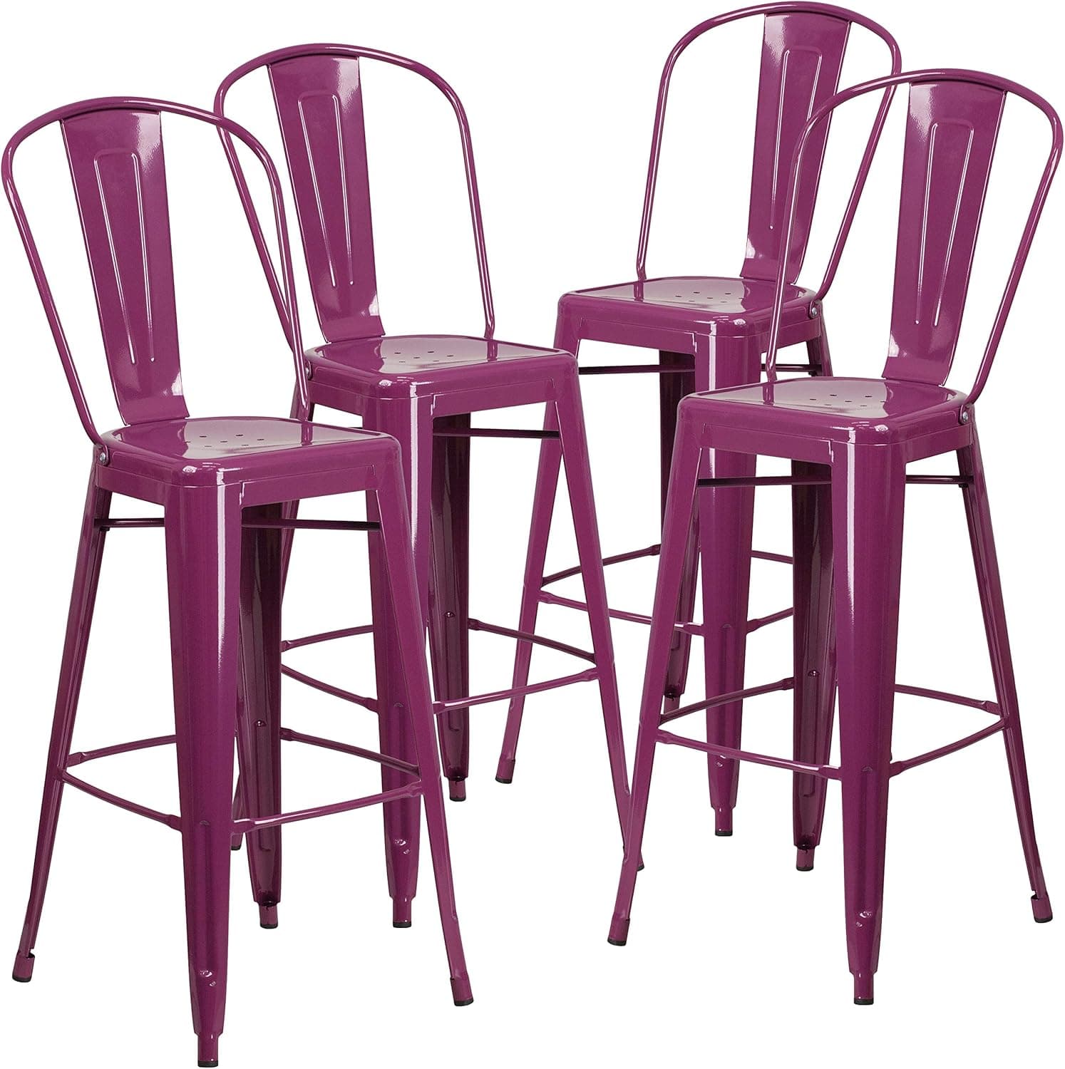 Flash Furniture Conjunto de 4 bancos de metal de grau comercial de 30 polegadas de altura para interiores e exteriores com encosto, roxo, 4 unidades