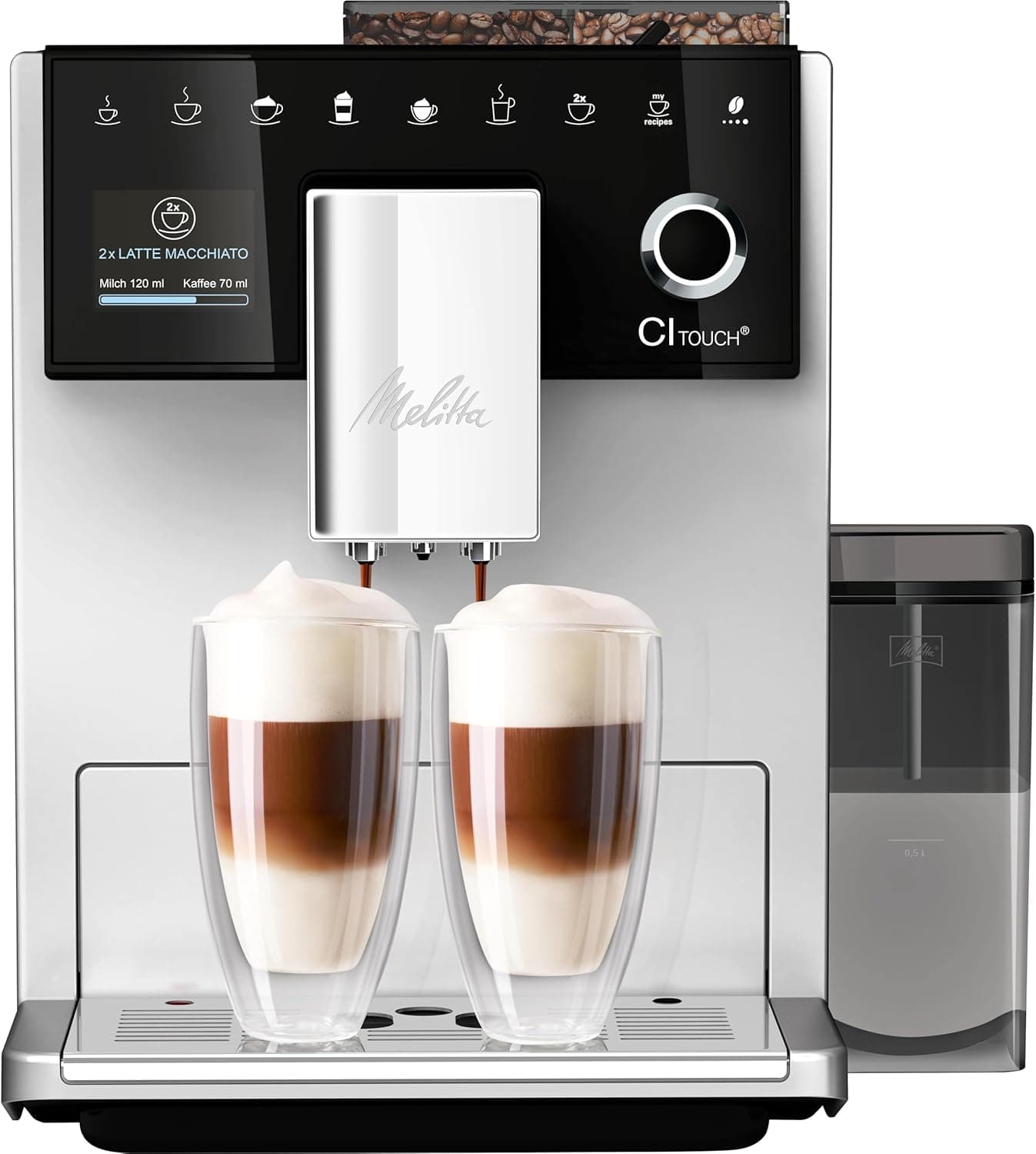 Melitta CI Touch (F630-111) - Máquina de café automática com sistema de leite, recipiente para grãos de duas câmaras, ecrã One Touch, espessura ajustável do café em 4 níveis, cor prateada