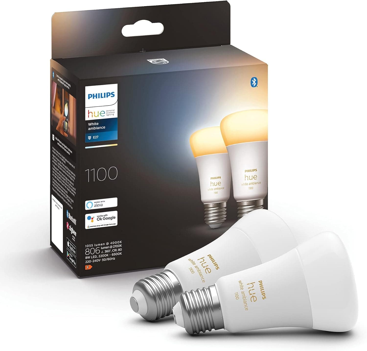 Philips Hue - Lâmpada LED inteligente, A60 E27, luz branca quente a frio, 10,5 W 1100 Lumens, compatível com Alexa e Google Home, conjunto de 2 lâmpadas LED inteligentes