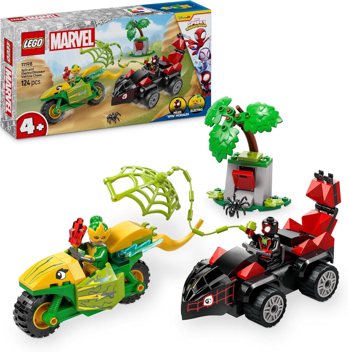 LEGO Marvel Spin e Electro: Duelo de veículos dinossauro, carro e moto de brinquedo, brinquedos de super-heróis e presente para meninos e meninas de 4 anos ou mais, Spidey e sua superequipa 11198