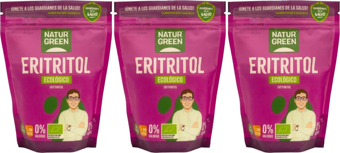 NaturGreen - Eritritol Bio, adoçante natural, orgânico, ecológico, substituto do açúcar, baixo índice glicémico, 500 g  x 3