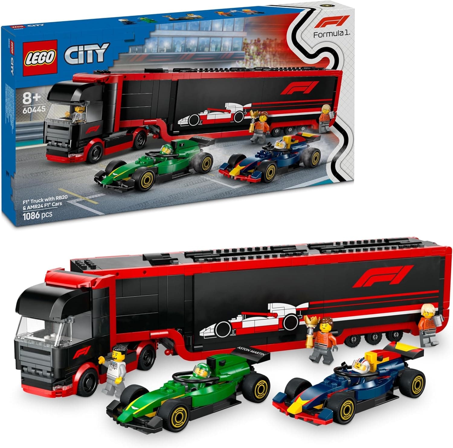 LEGO City Camião F1 com carros de F1 RB20 e AMR24, 2 mochilas de veículos de fórmula 1 Red Bull e Aston Martin, 2 minifiguras de pilotos e 3 Staff, presente para meninos e meninas de 8 anos ou mais,