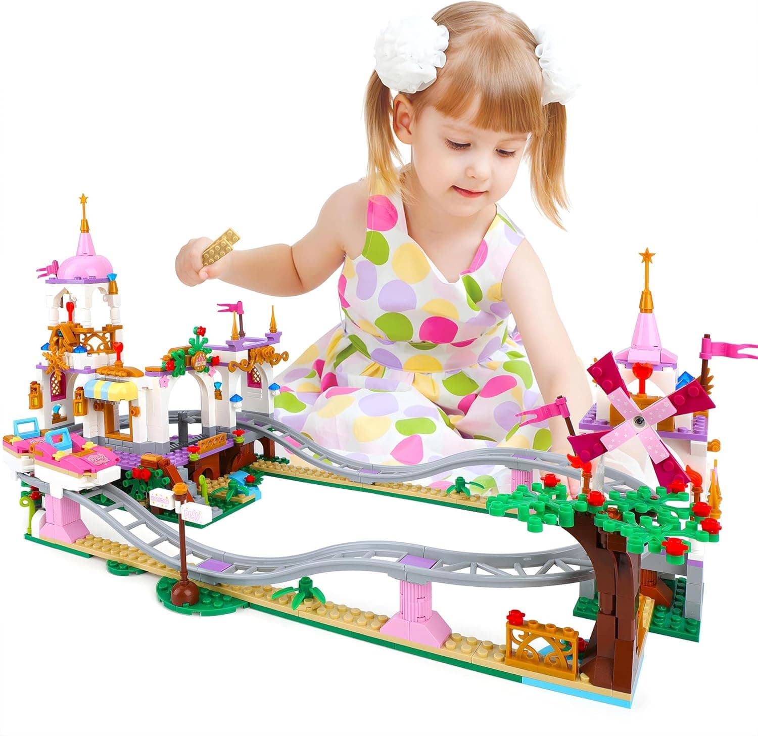 OundarM Castelo de princesa com kit de construção de montanha russa, conjunto de blocos de construção de parque de diversões rosa para crianças