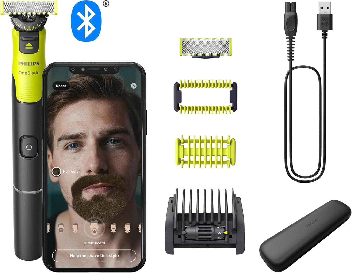 Philips OneBlade 360 Barbeiro autêntico, máquina de barbear e aparador elétrico facial e corporal conectado, lâmina 360, lâmina original, pente ajustável 5 em 1, kit corporal, estojo de viagem