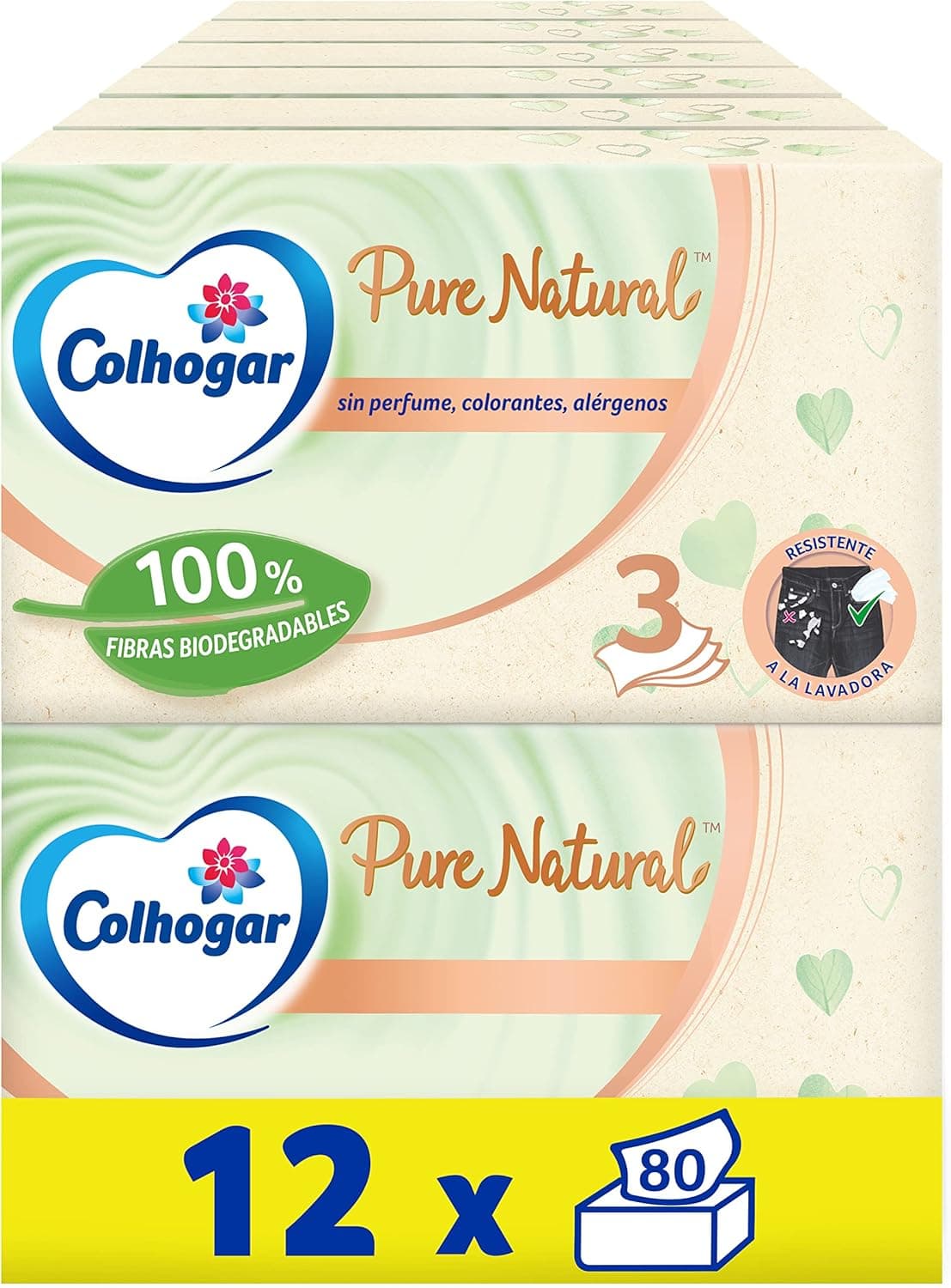 Colhogar Pure Natural - Caixas de lenços faciais macios biodegradáveis, resistente à máquina, feita com materiais reciclados, 12 x 80 = 960 lenços faciais - cor natural