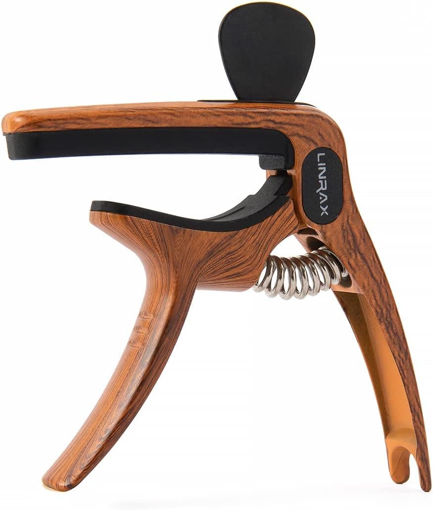 Linrax C1 Guitarra de sobrancelha Capo 3 em 1 com suporte para palhetas e ponte pin Puller, sobrancelhas para guitarra acústica e elétrica sob Ukelele Banjo Mandolina, acessórios para guitarra, grão