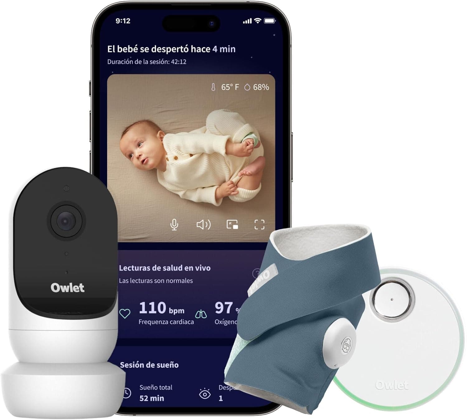 Owlet Dream Duo 2 - Vigilante inteligente para bebés: Dream Sock e Owlet CAM 2 - Rastreamento de leituras de saúde e vídeo ao vivo - Bedtime Blue