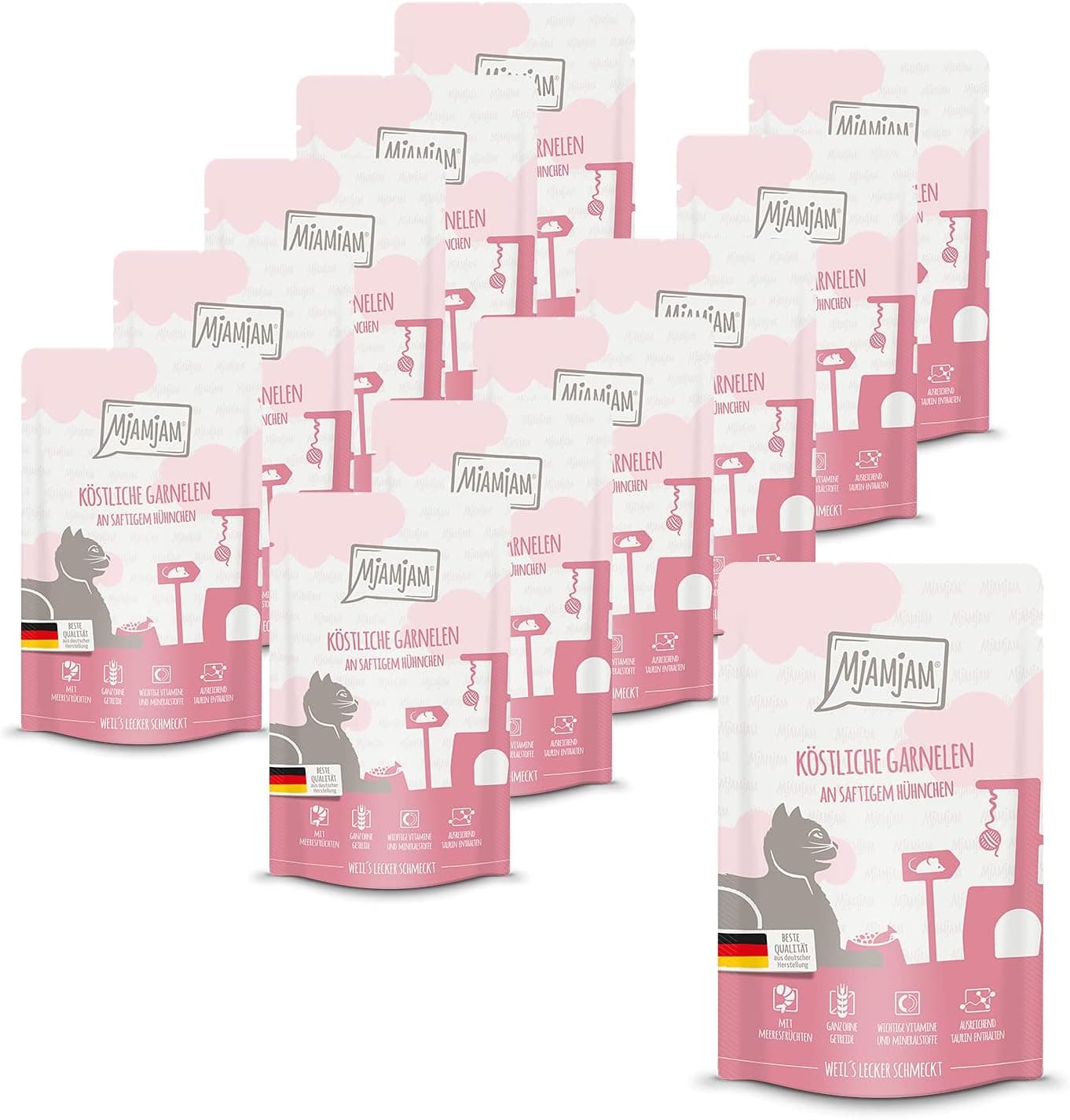 MjAMjAM - comida húmida premium para gatos - Quetschie - deliciosos camarões sobre frango suculento, embalagem de 12 (12 x 125 g), sem cereais com extra de carne