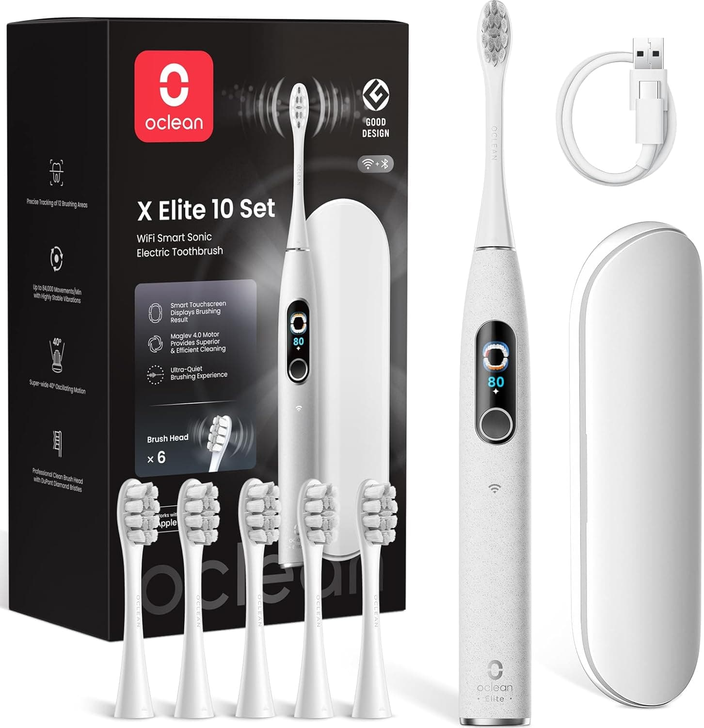 Escova elétrica Oclean X Elite 10 Set, AI escovado personalizado, ecrã tátil com rastreamento de 12 áreas, oscilação de 40°, 5 modos, temporizador, 40 dias, previsão do tempo, IPX7, cinzento