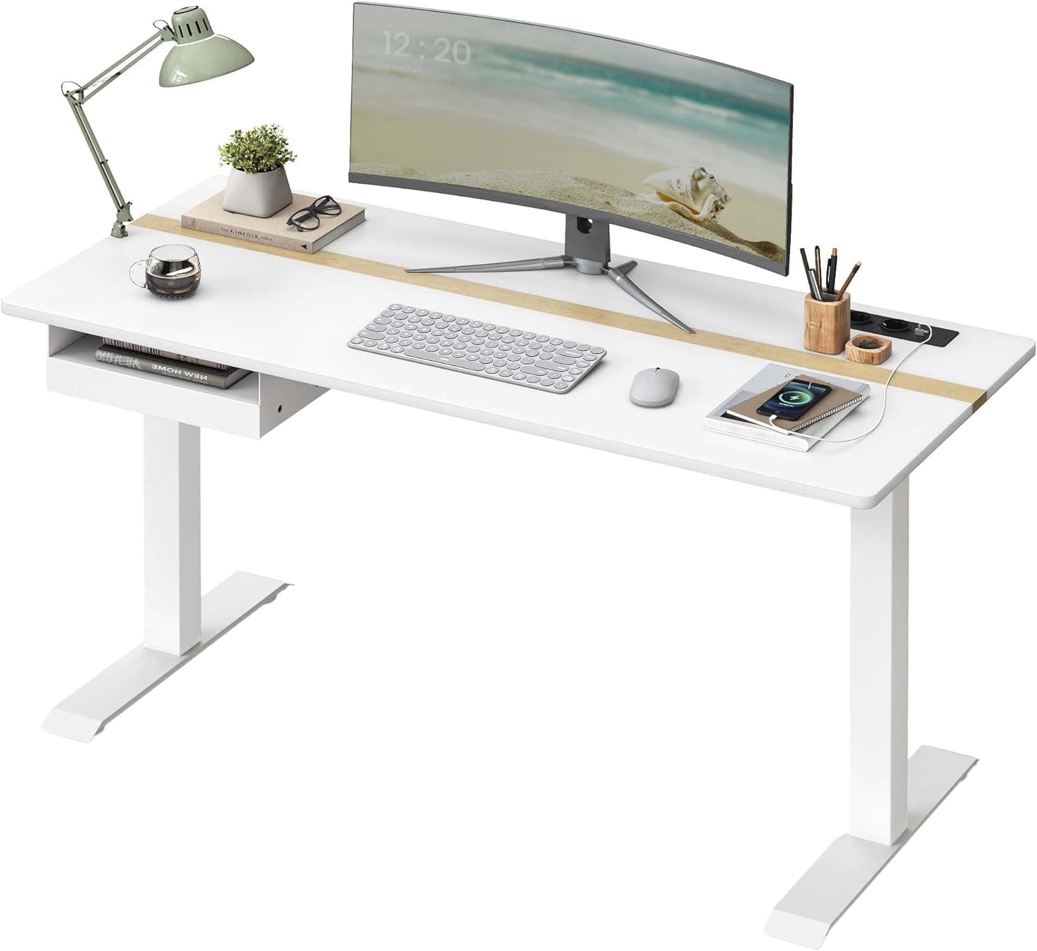 VASAGLE Mesa regulável em altura, mesa regulável, tomada e gaveta, 60 x 140 cm de bancada, ajuste contínuo, 4 funções de memória de altura, branco LSD114W01