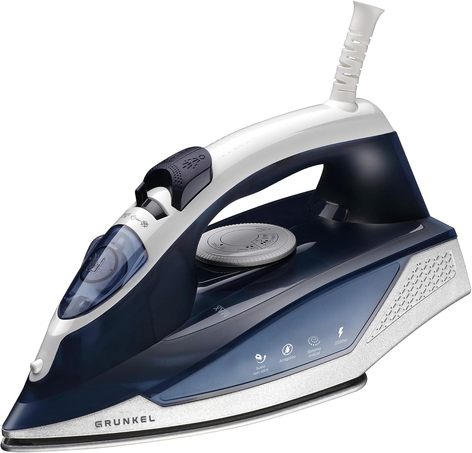 Grunkel - Ferro a vapor de 2200 W com sola ultra deslizante non-stick - PL-22NS - 3 modos de uso, função anticalcária e anti-gotejamento e controlo de fluxo de vapor - 2200 W