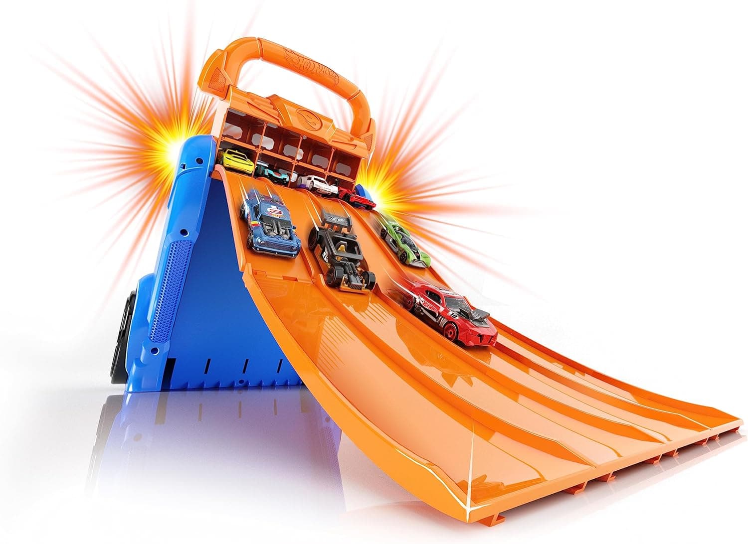 Cefa Toys Guarda-loiças/lançador Hot Wheels, 4 faixas e capacidade para 20 carros. Adequado para crianças a partir dos 6 anos.