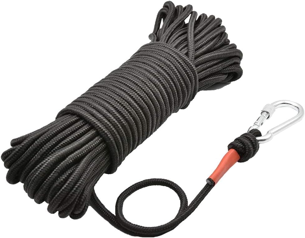 HHOOMY - Corda de íman de pesca com mosquetão, 65 pés (20 m), cordão de nylon de alta resistência e corda duradoura, corda pesada com fechadura de segurança, diâmetro 6 mm / 8 mm